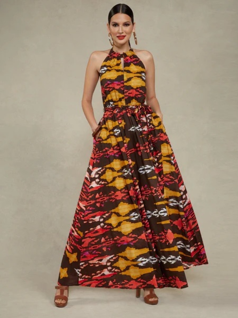 NY & Co Geometric Printed Halter Maxi Dress XXL Boho Tribal Abstract Belted NWT